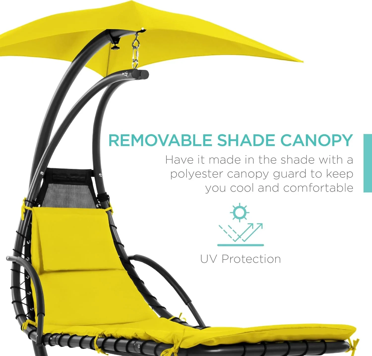 Best Choice Products Outdoor Hanging Curved Steel Chaise Lounge Chair Swing w/Built-in Pillow and Removable Canopy - Charcoal Gray - Image 79