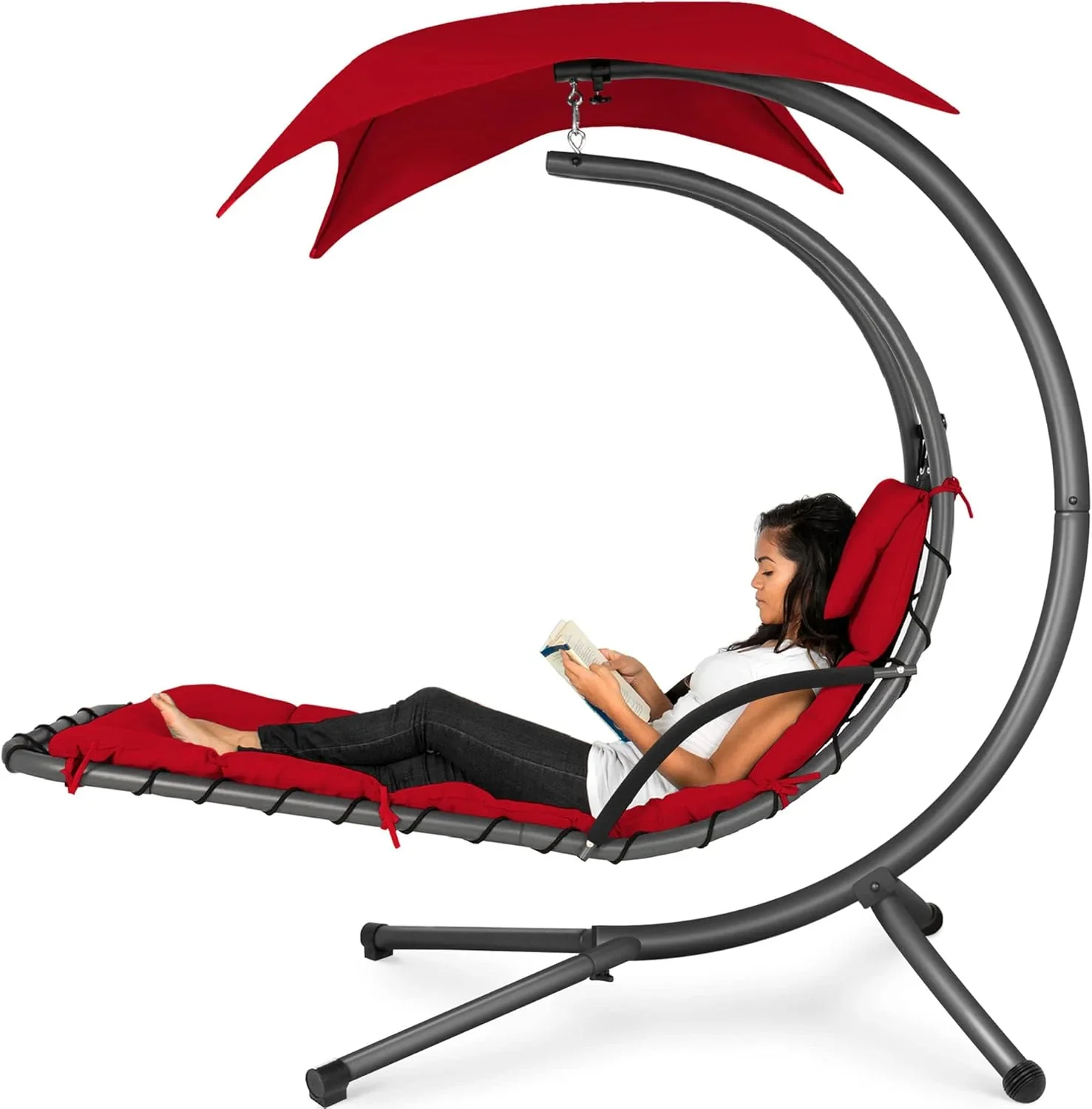 Best Choice Products Outdoor Hanging Curved Steel Chaise Lounge Chair Swing w/Built-in Pillow and Removable Canopy - Charcoal Gray - Image 3