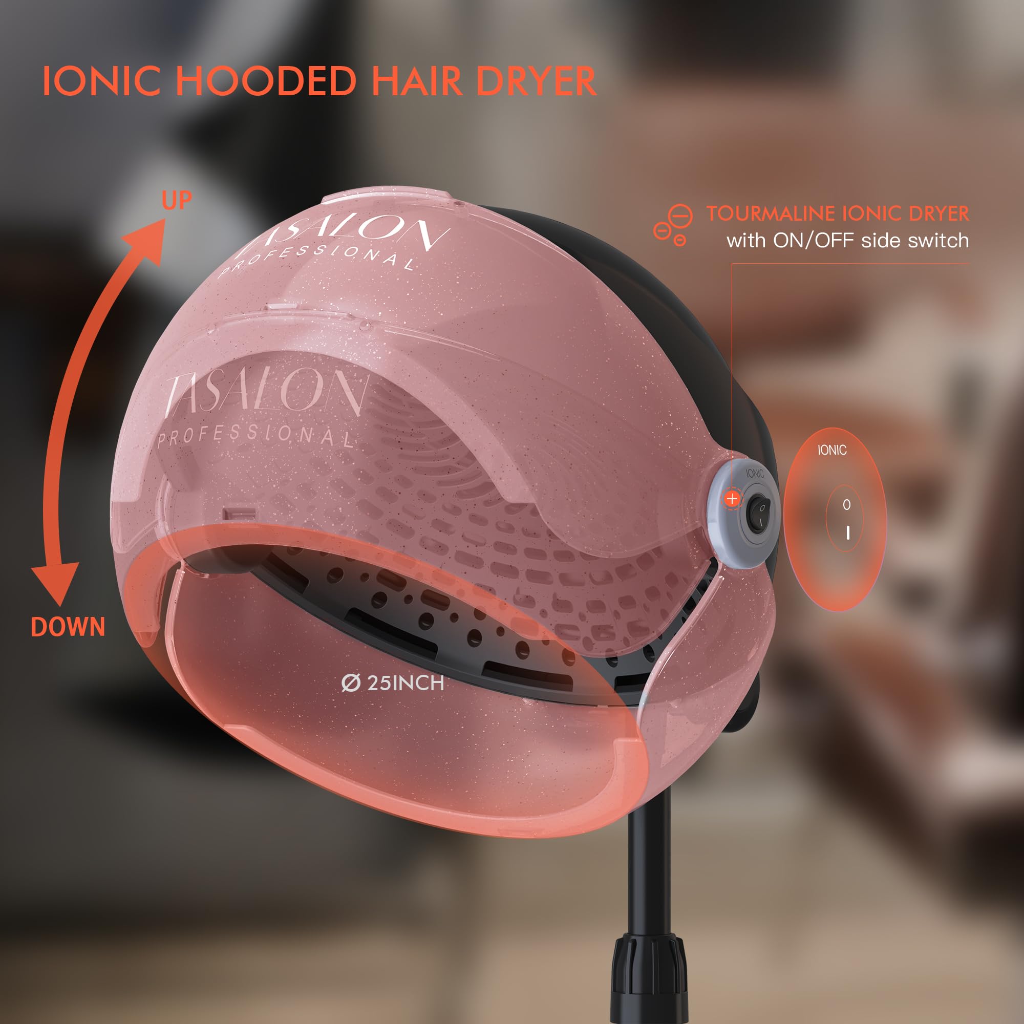 TASALON Ionic Hooded Hair Dryer, 1875W Hooded Hair Dryer for Home, Pink Standing Hair Dryer Bonnet with 3 Temperature Settings, Height Adjustable Salon Hair Dryer, Sit Under Hair Dryer for Home Product gallery - Image 2