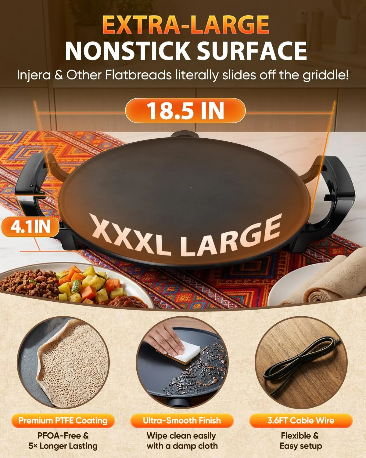Ethiopian 18.5" Injera Maker Mitad (Mogogo), Electric Griddle with Adjustable Temperature & Time, Non-Stick Surface for Norwegian Lefse, Swedish Pancake, Indian Dosa, Digital Handle - Image 3