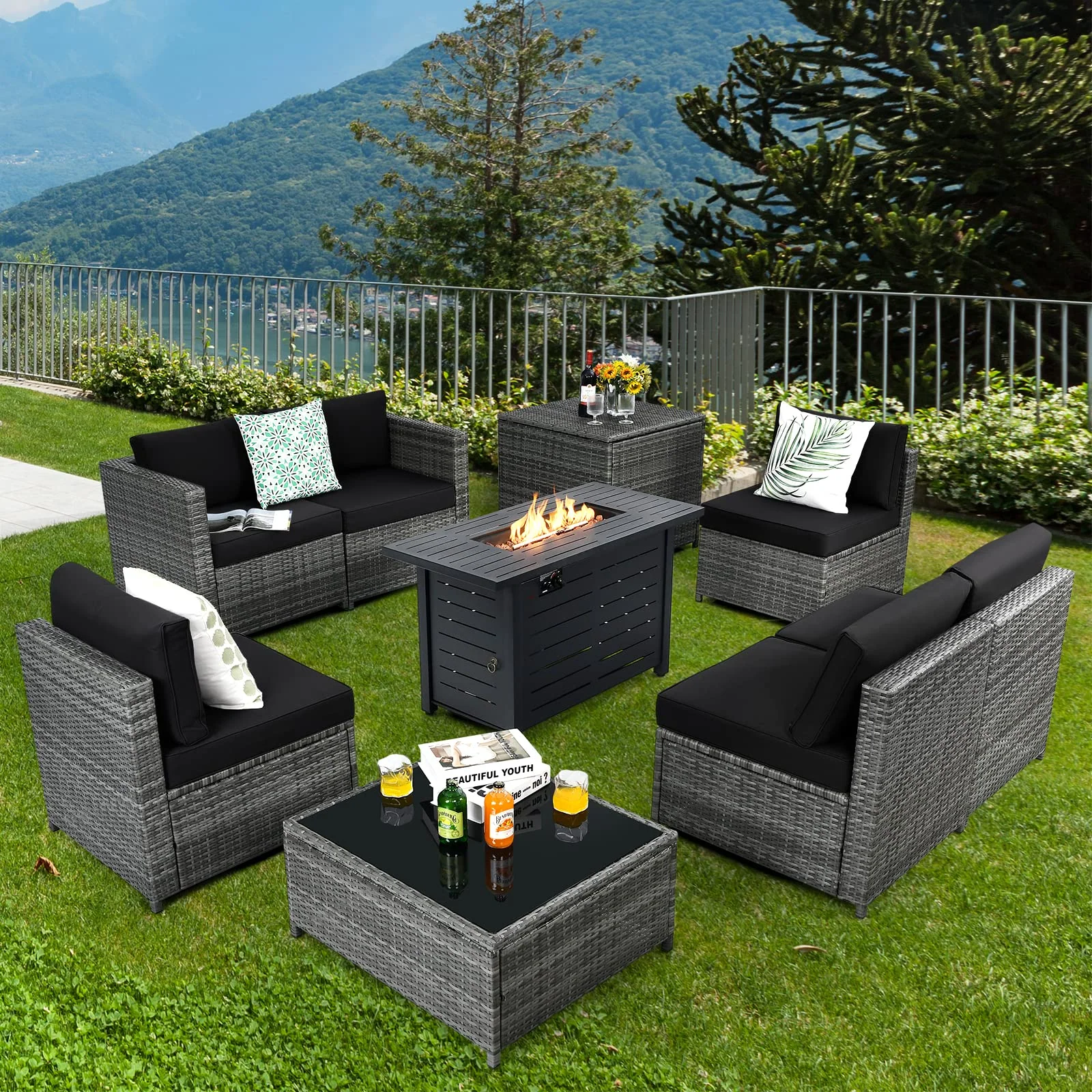 Tangkula 9 Pieces Patio Rattan Furniture Set, Patiojoy Sectional Sofa Set w/Storage Box, Coffee Table, Outdoor Wicker Conversation Set - Image 10