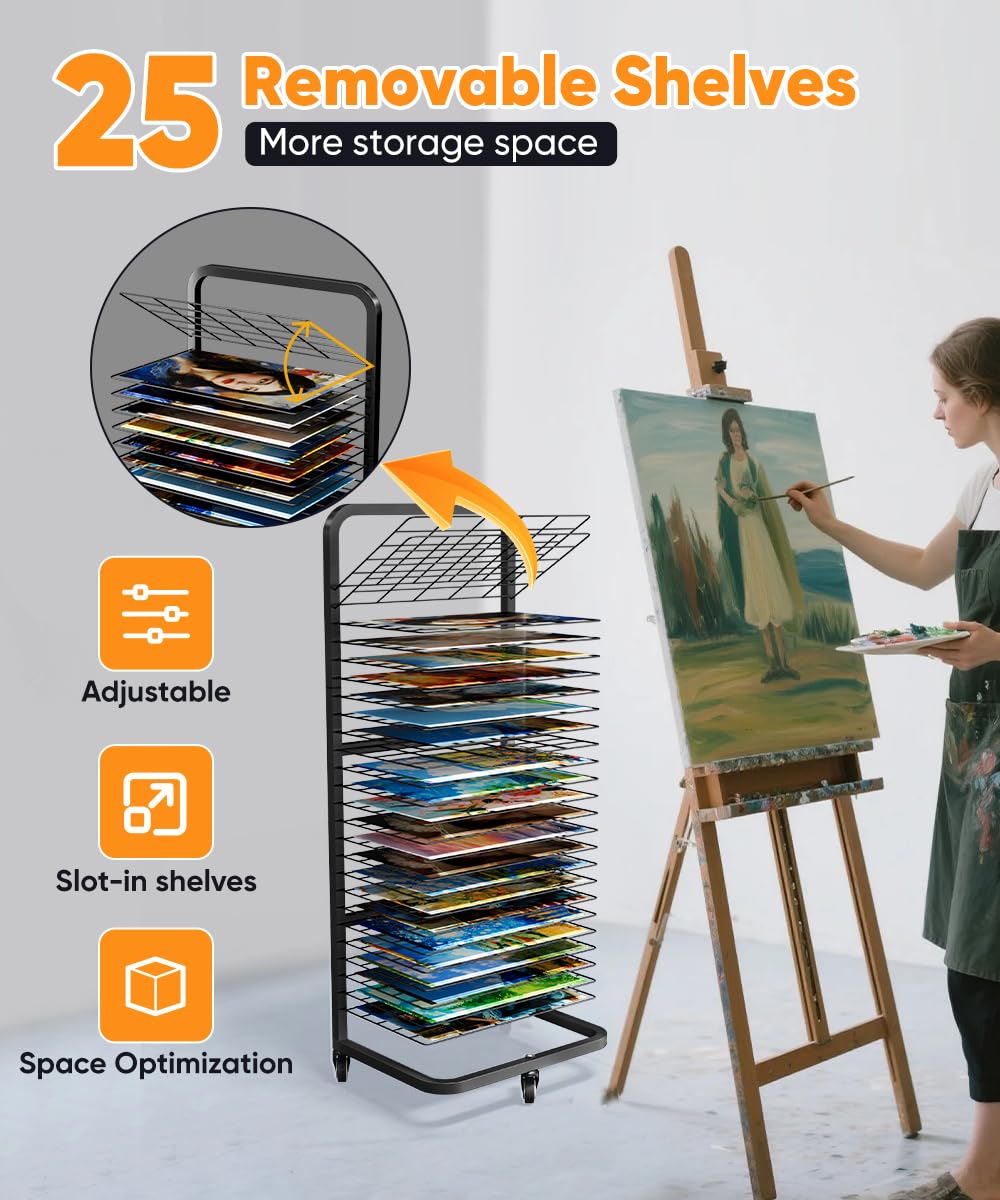 Art Drying Rack with 25 Removable Shelves, Mobile Metal Paint Drying Stand with Lockable Wheels, Functional Canvas Rack Art Storage for Artwork in Classrooms, Art Studios and Schools, Black - Image 3