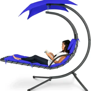Best Choice Products Outdoor Hanging Curved Steel Chaise Lounge Chair Swing w/Built-in Pillow and Removable Canopy - Charcoal Gray