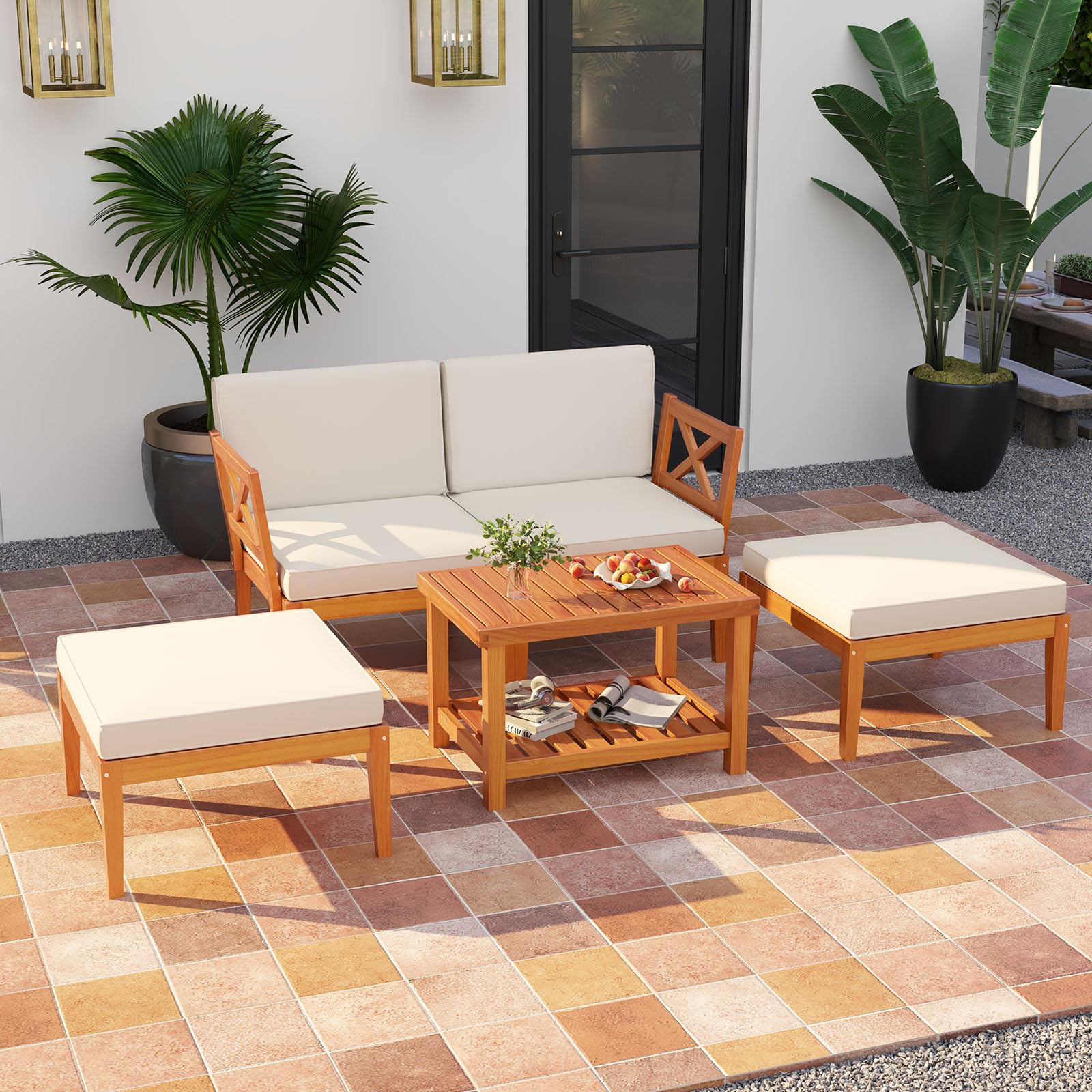 Tangakula 5 Pieces Patio Lounge Chair Set w/Ottomans, Modular Outdoor Lounge Sofa Set for Lawn, Backyard, Poolside (Off White) - Image 3