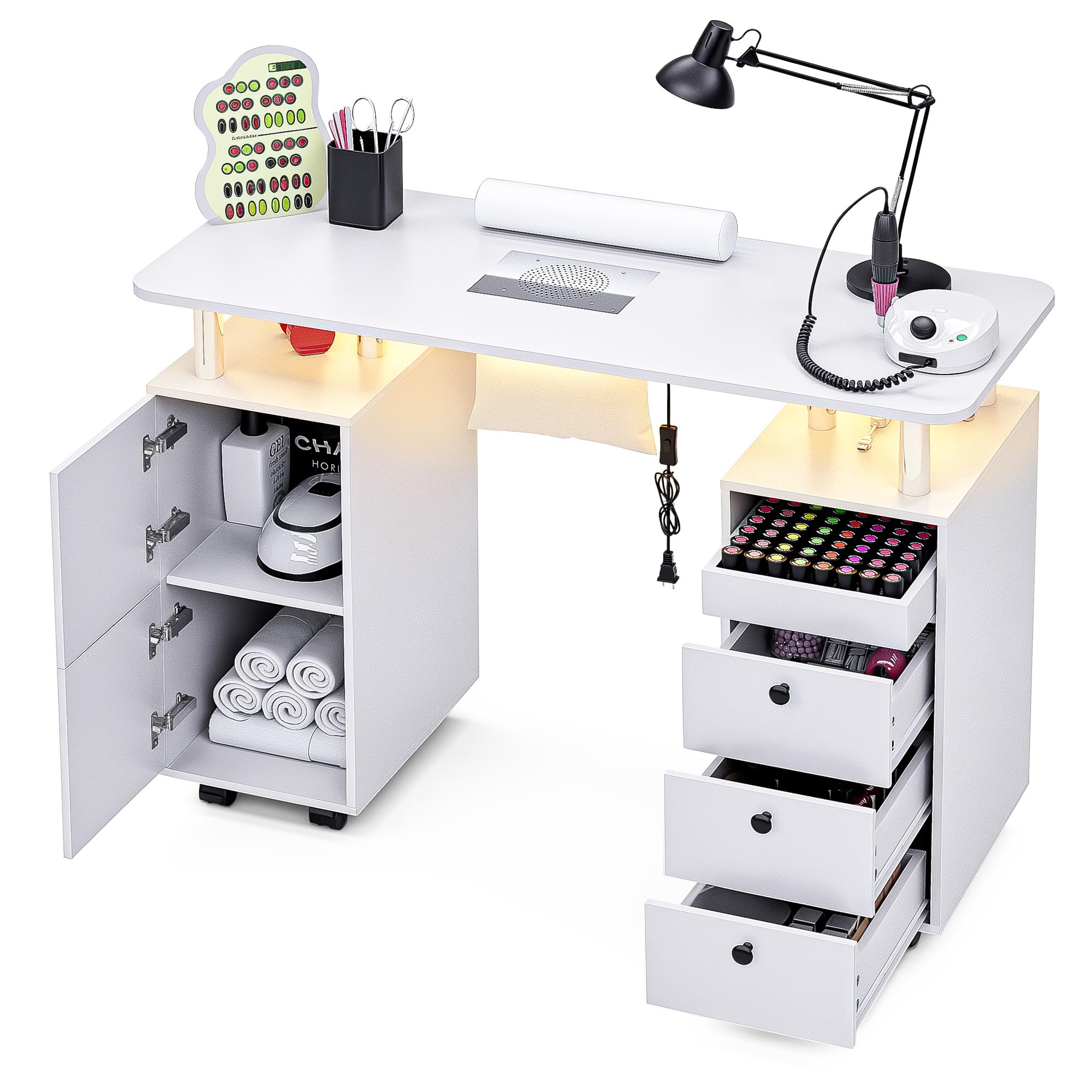 Nail Desk for Nail Tech w/Electric Dust Collector, Rolling Manicure Table w/Lockable Wheels, Storage Drawers, Wrist Cushion, Acetone Resistant, for Nail Beauty Salon Workstation (White)