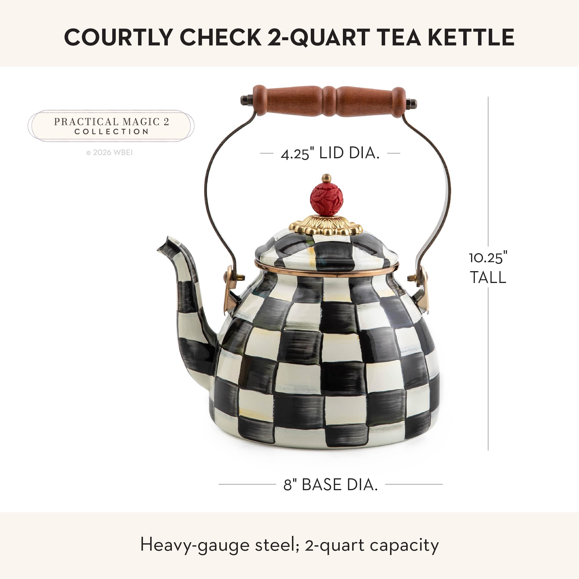 MACKENZIE-CHILDS Tea Kettle, 2 Quarts, Black-and-White Courtly Check Hand-painted design, made from enameled steel with a wooden handle, ideal for serving coffee, tea, and other hot beverages - Image 4