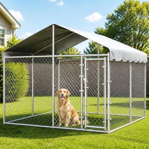 Extra Large Outdoor Dog Kennel, 10x10x6.56ft Anti-Rust Dog Kennel Outside with Roof, Galvanized Chain Link Dog Runs for Outside with Secure Lock