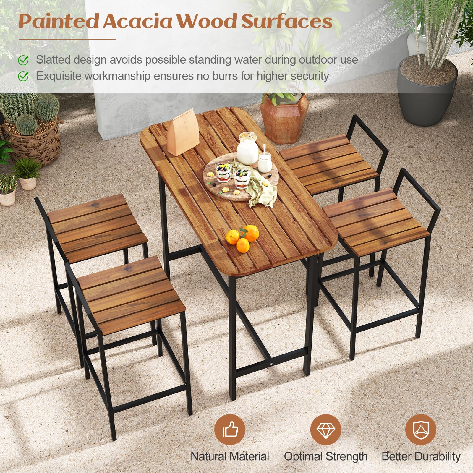 Tangkula 5 Piece Acacia Wood Bar Table Set, Outdoor Bar Height Table & Chairs with Metal Frame & Footrest - Image 6