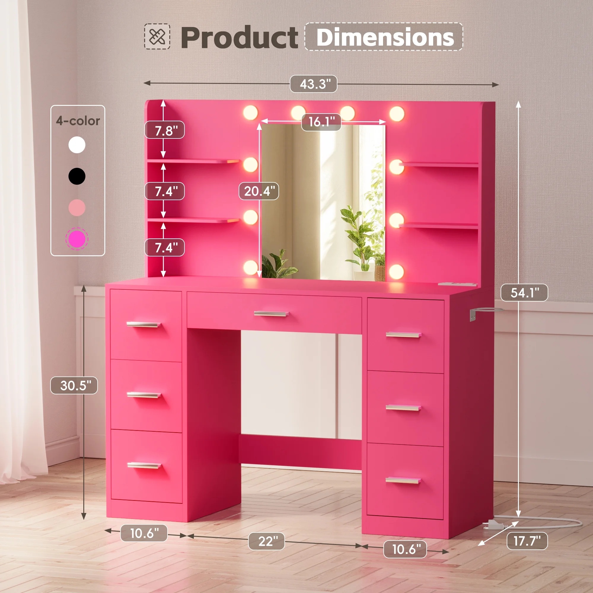 Lacoo Vanity Desk with Mirror and LED Lights, Makeup Vanity with 7 Drawers & 4 Shelves, Vanity Table with Power Outlet for Bedroom Dressing Room, White - Image 24