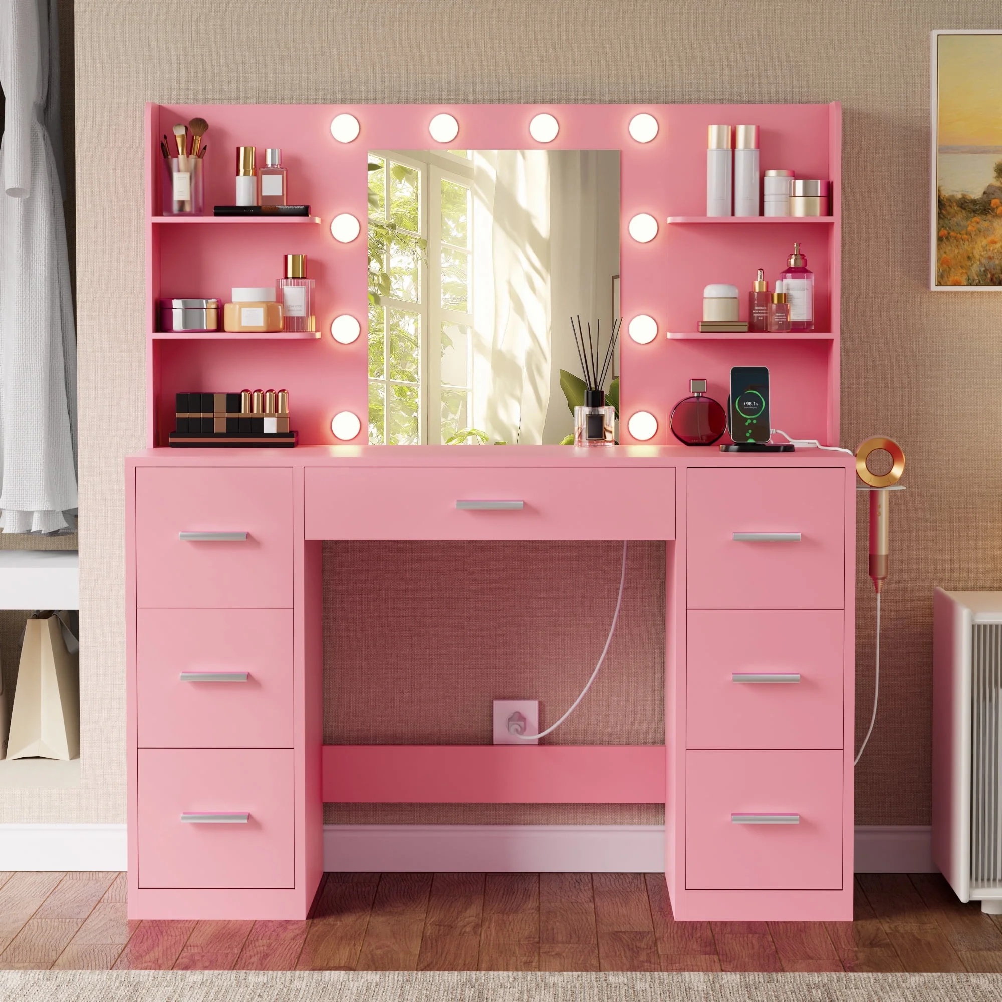 Lacoo Vanity Desk with Mirror and LED Lights, Makeup Vanity with 7 Drawers & 4 Shelves, Vanity Table with Power Outlet for Bedroom Dressing Room, White - Image 37