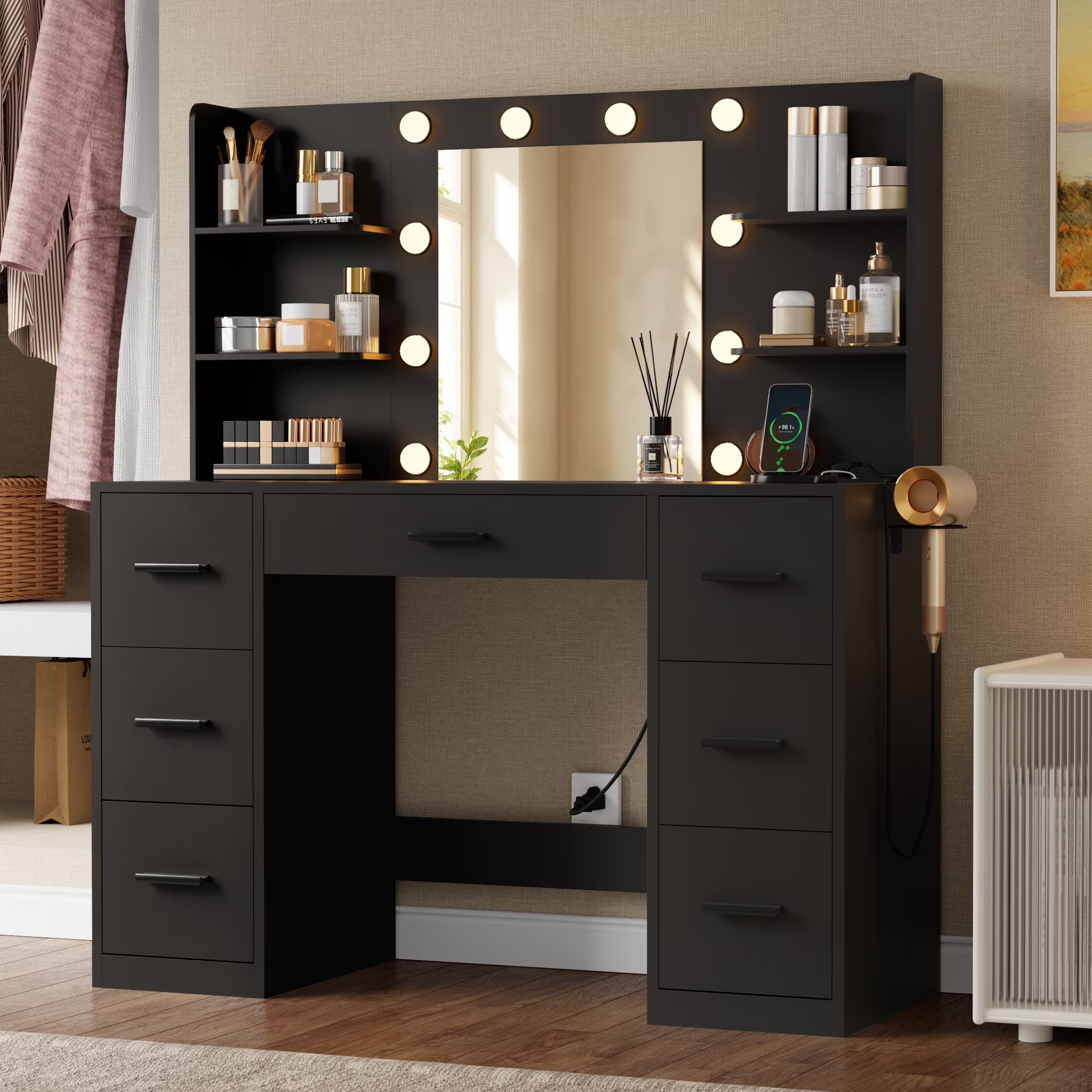 Lacoo Vanity Desk with Mirror and LED Lights, Makeup Vanity with 7 Drawers & 4 Shelves, Vanity Table with Power Outlet for Bedroom Dressing Room, White - Image 3