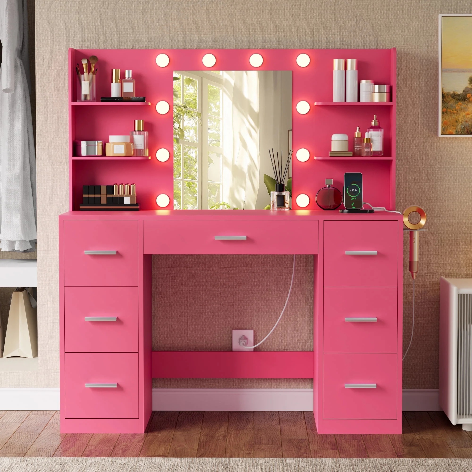 Lacoo Vanity Desk with Mirror and LED Lights, Makeup Vanity with 7 Drawers & 4 Shelves, Vanity Table with Power Outlet for Bedroom Dressing Room, White - Image 19