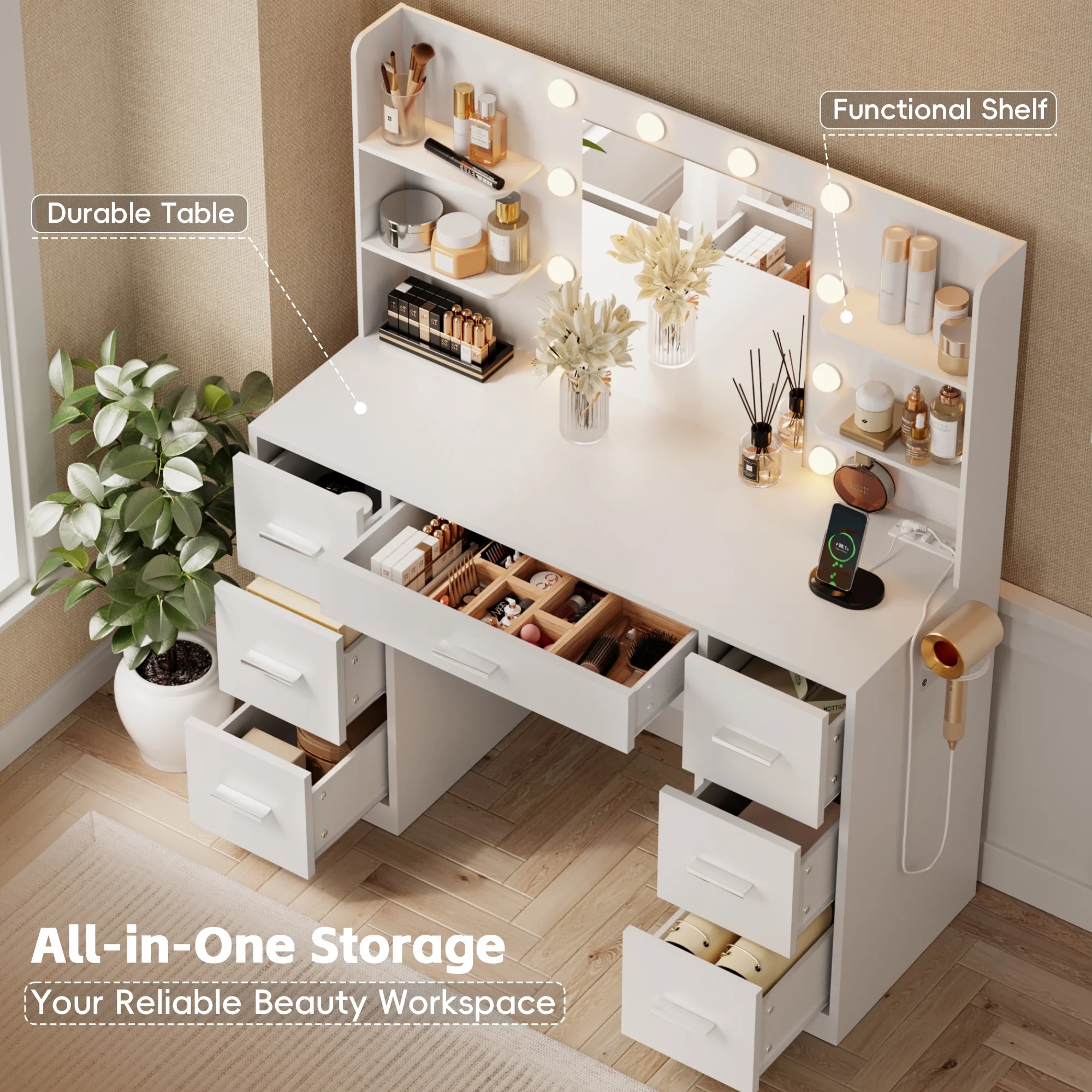 Lacoo Vanity Desk with Mirror and LED Lights, Makeup Vanity with 7 Drawers & 4 Shelves, Vanity Table with Power Outlet for Bedroom Dressing Room, White - Image 11