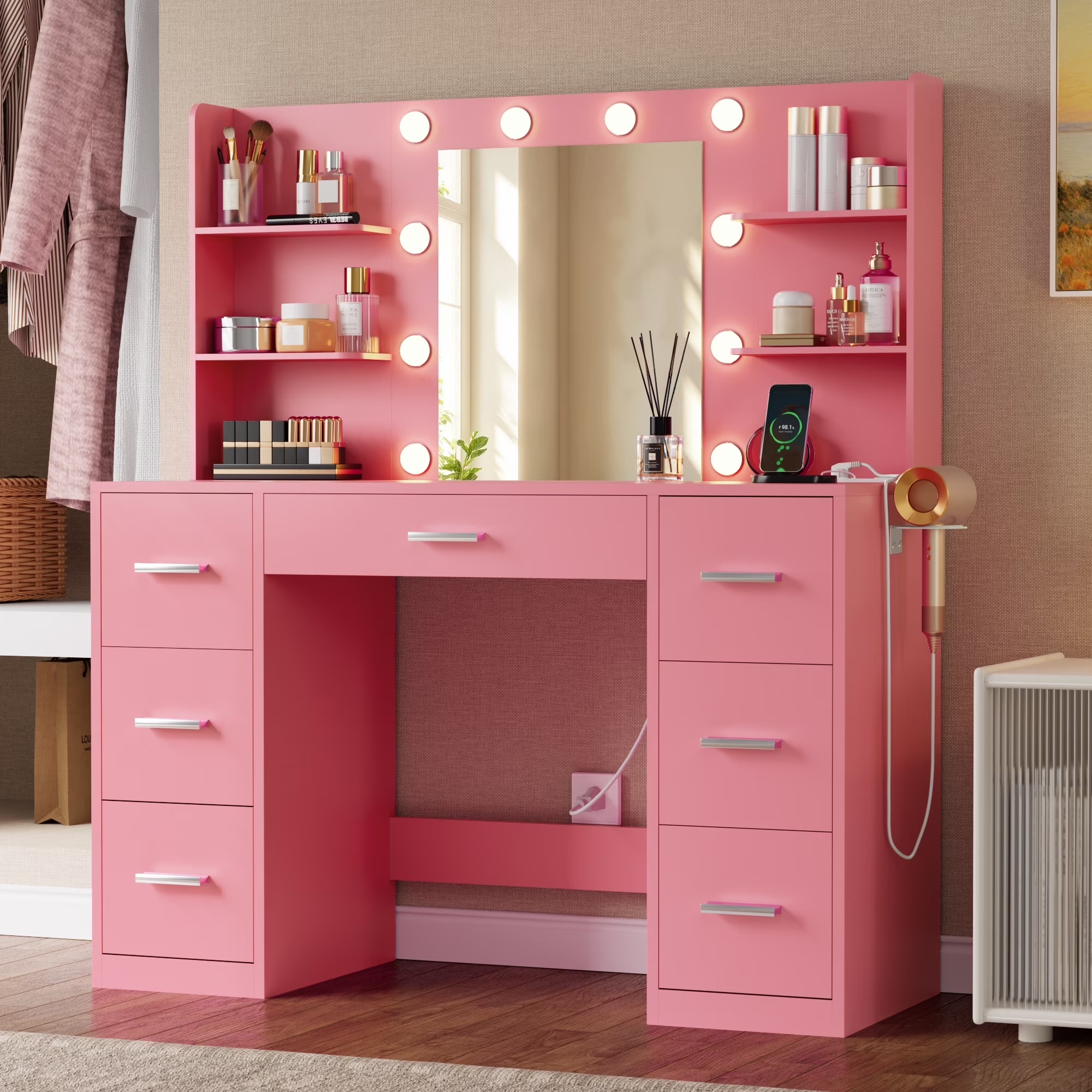 Lacoo Vanity Desk with Mirror and LED Lights, Makeup Vanity with 7 Drawers & 4 Shelves, Vanity Table with Power Outlet for Bedroom Dressing Room, White - Image 9