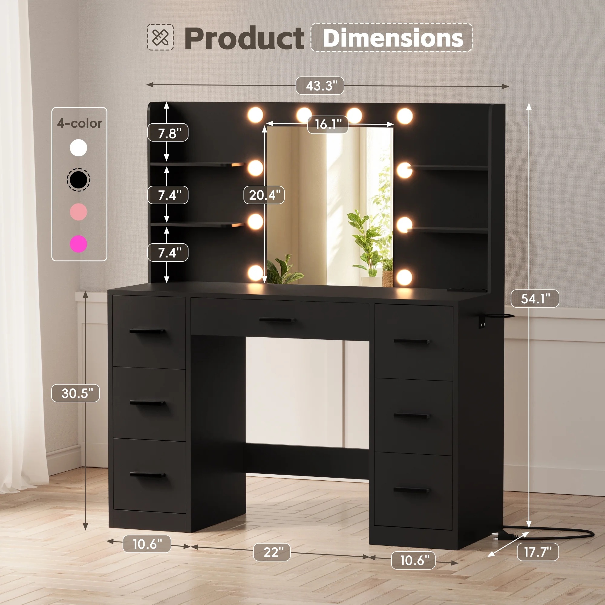 Lacoo Vanity Desk with Mirror and LED Lights, Makeup Vanity with 7 Drawers & 4 Shelves, Vanity Table with Power Outlet for Bedroom Dressing Room, White - Image 18