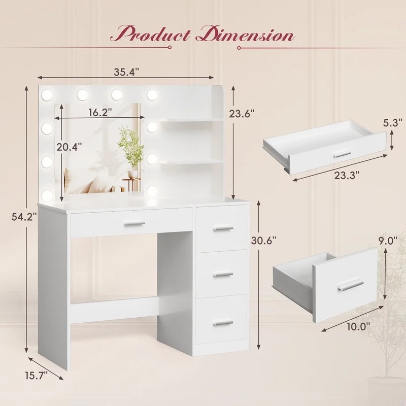 Lacoo Vanity Desk with Mirror and LED Lights, Makeup Vanity with 7 Drawers & 4 Shelves, Vanity Table with Power Outlet for Bedroom Dressing Room, White - Image 36