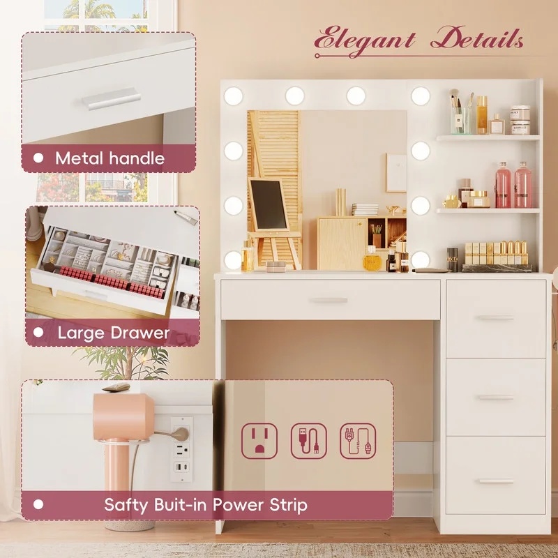 Lacoo Vanity Desk with Mirror and LED Lights, Makeup Vanity with 7 Drawers & 4 Shelves, Vanity Table with Power Outlet for Bedroom Dressing Room, White - Image 34