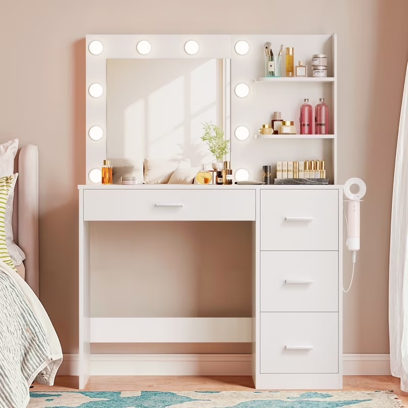 Lacoo Vanity Desk with Mirror and LED Lights, Makeup Vanity with 7 Drawers & 4 Shelves, Vanity Table with Power Outlet for Bedroom Dressing Room, White - Image 7