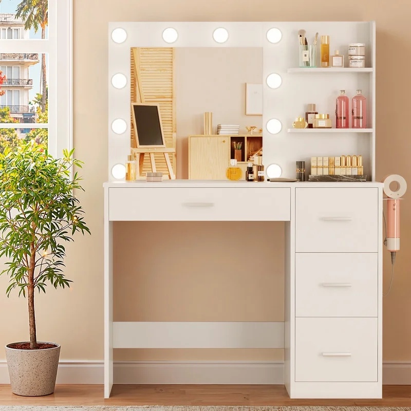 Lacoo Vanity Desk with Mirror and LED Lights, Makeup Vanity with 7 Drawers & 4 Shelves, Vanity Table with Power Outlet for Bedroom Dressing Room, White - Image 32