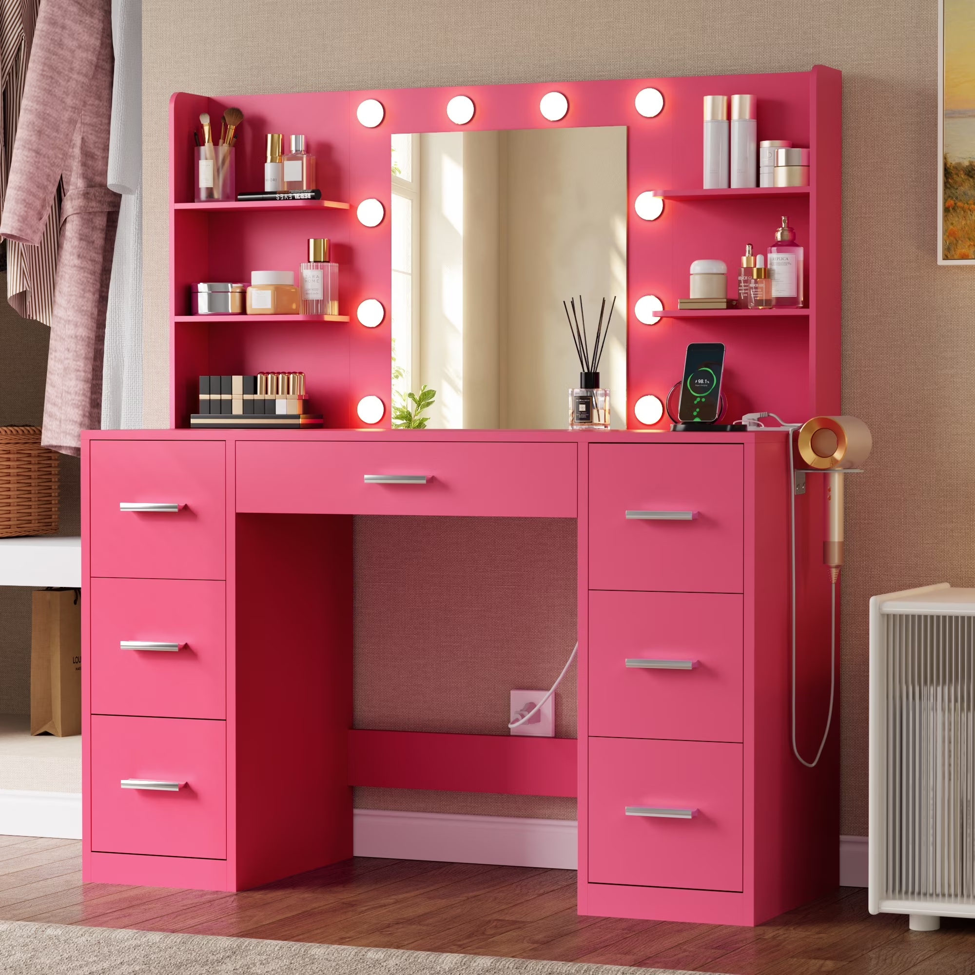 Lacoo Vanity Desk with Mirror and LED Lights, Makeup Vanity with 7 Drawers & 4 Shelves, Vanity Table with Power Outlet for Bedroom Dressing Room, White - Image 4