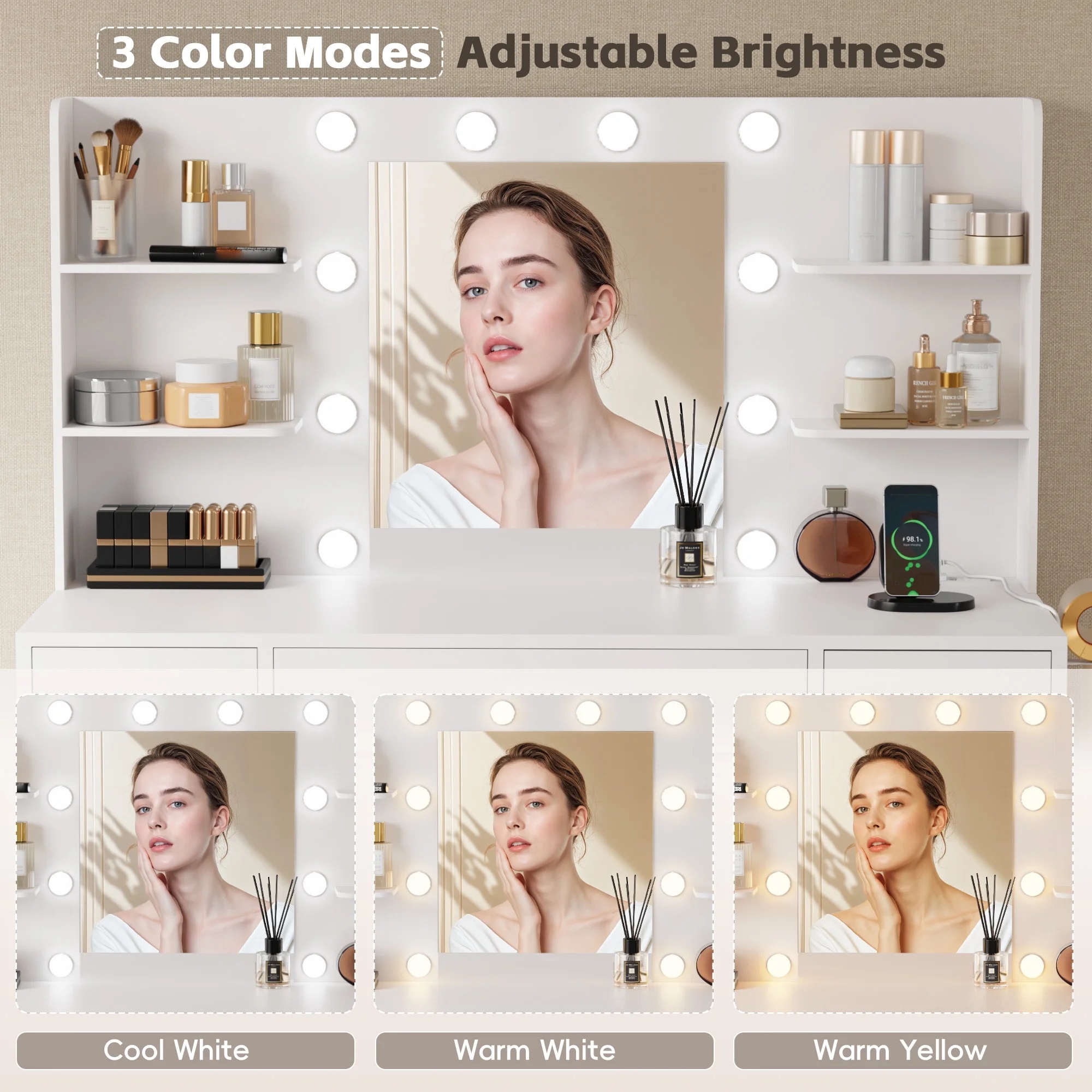 Lacoo Vanity Desk with Mirror and LED Lights, Makeup Vanity with 7 Drawers & 4 Shelves, Vanity Table with Power Outlet for Bedroom Dressing Room, White - Image 5