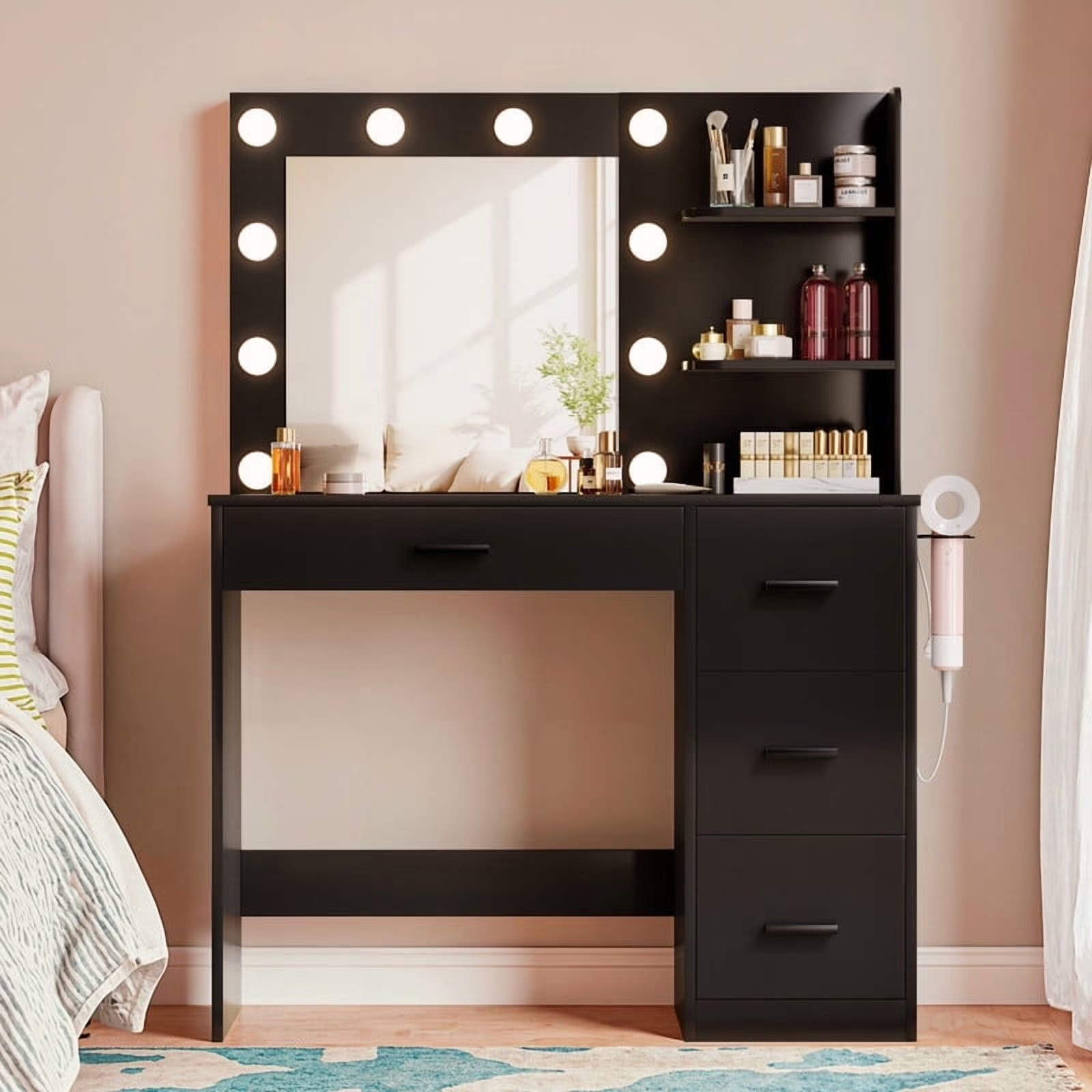 Lacoo Vanity Desk with Mirror and LED Lights, Makeup Vanity with 7 Drawers & 4 Shelves, Vanity Table with Power Outlet for Bedroom Dressing Room, White - Image 6