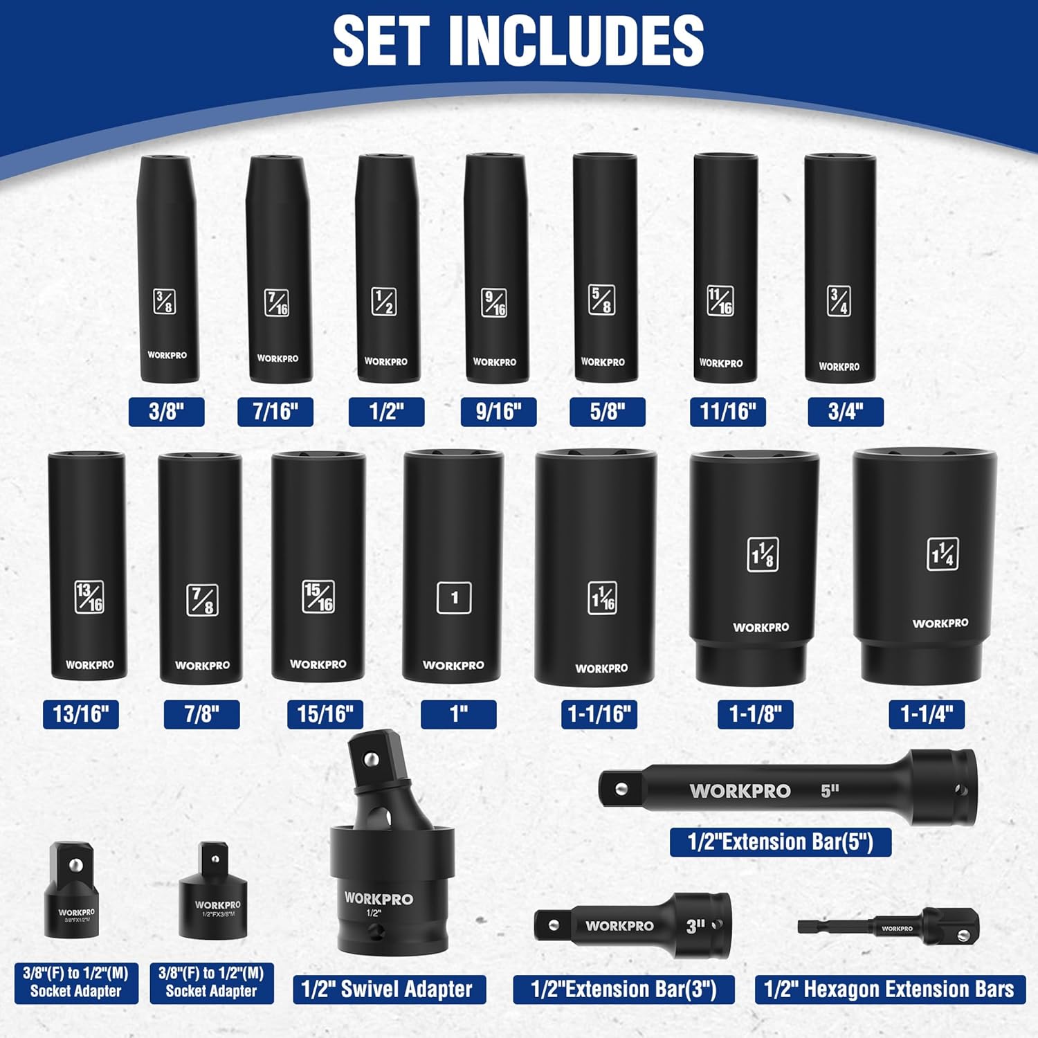 WORKPRO 20-Piece 1/2" Drive Deep Impact Socket Set, 6-Point, Cr-V Steel, 10-27mm, Universal Joint, Adapter and Extension Bar, SAE - Image 2