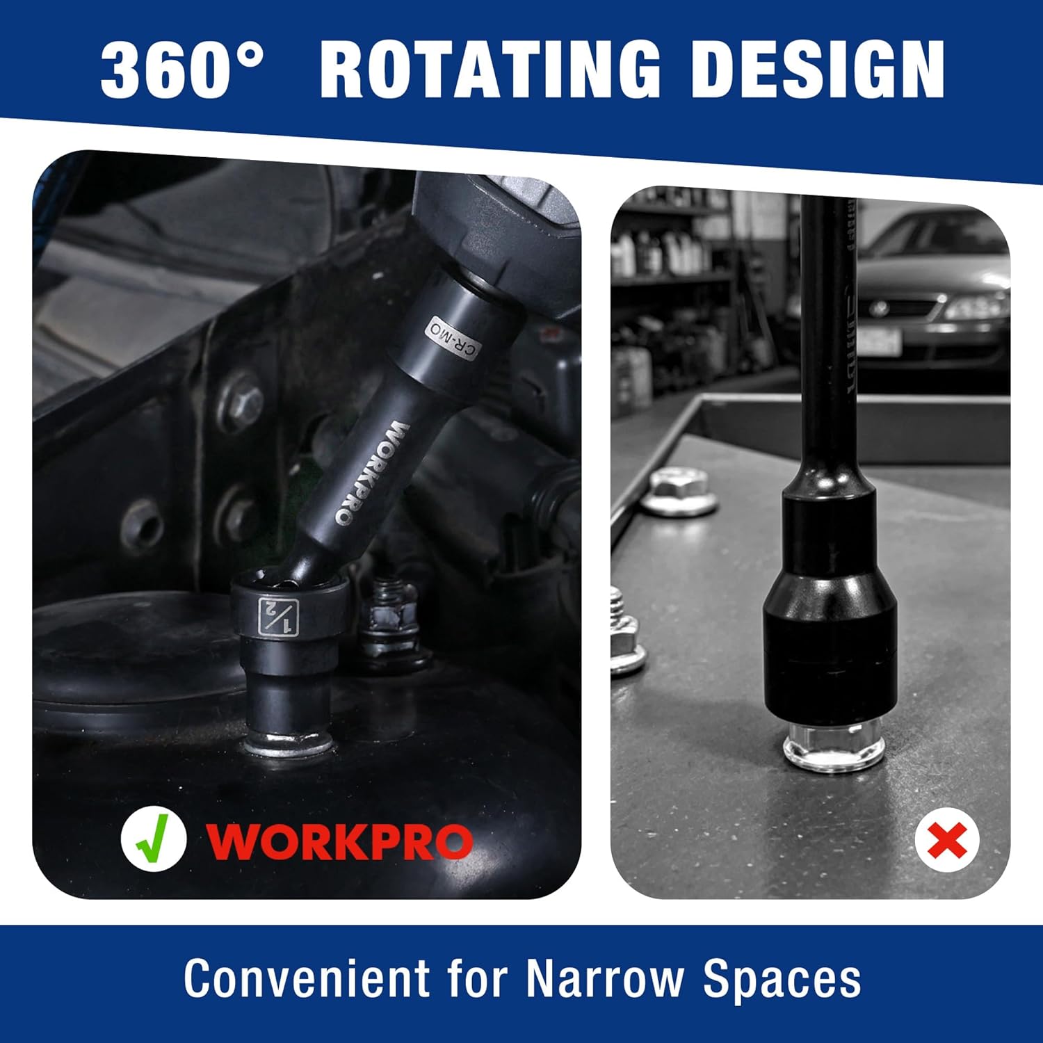 WORKPRO 7PCS 1/2" Drive Driveline Socket Set with Storage Case | 12-Point SAE Swivel Socket, CR-MO Steel Driveline Limited Clearance Socket Set for Automotive and Mechanical Use - Image 6