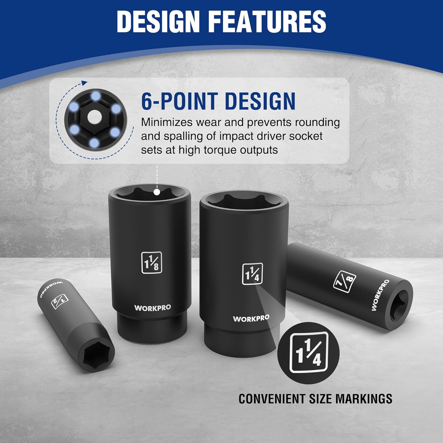 WORKPRO 20-Piece 1/2" Drive Deep Impact Socket Set, 6-Point, Cr-V Steel, 10-27mm, Universal Joint, Adapter and Extension Bar, SAE - Image 3