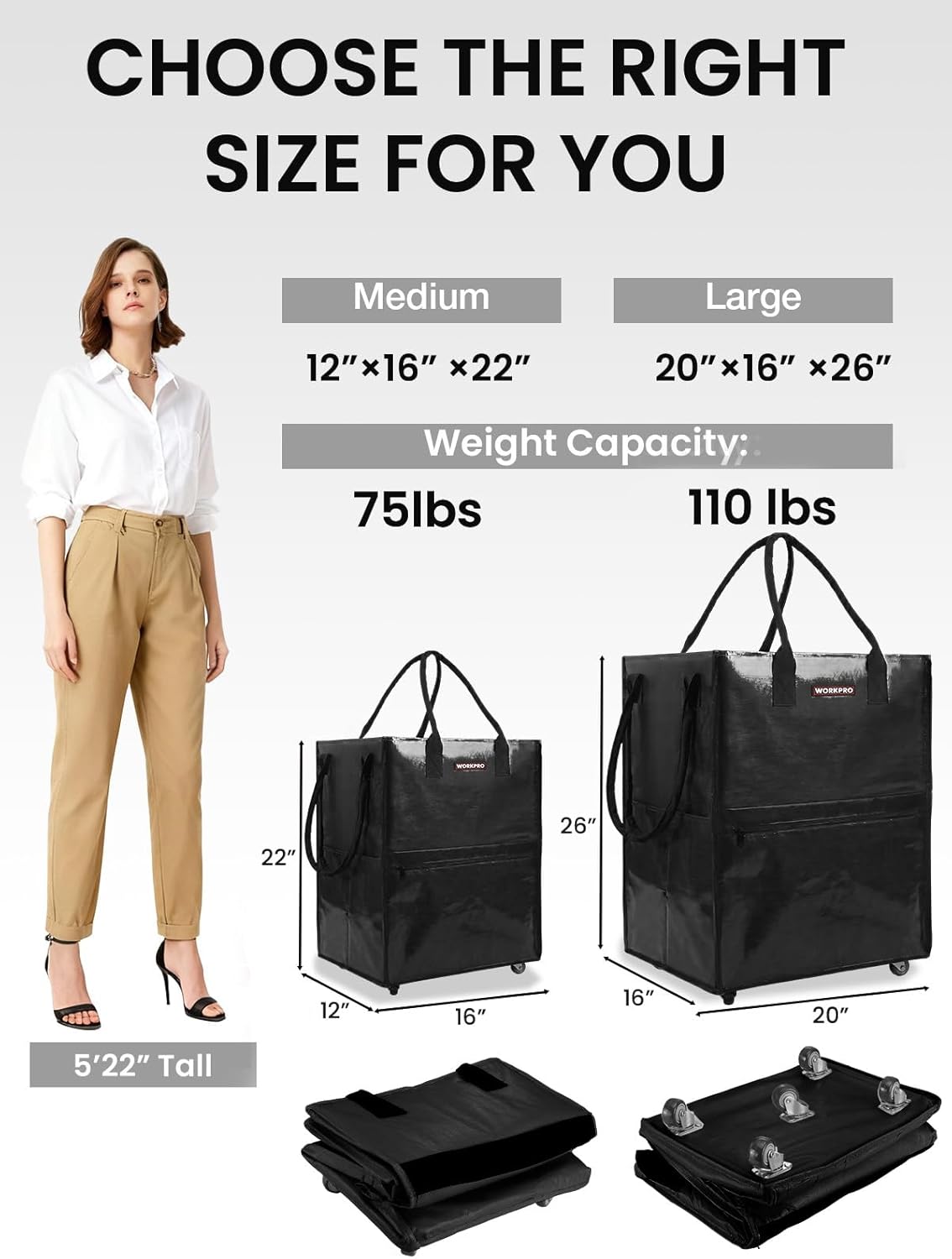 WORKPRO Medium Reusable Grocery Bag on Wheels, Heavy Duty Rolling Shopping Tote with Handle, Folding Trolley on 4 Caster Wheels for Groceries, Laundry, Camping, Moving - Image 2