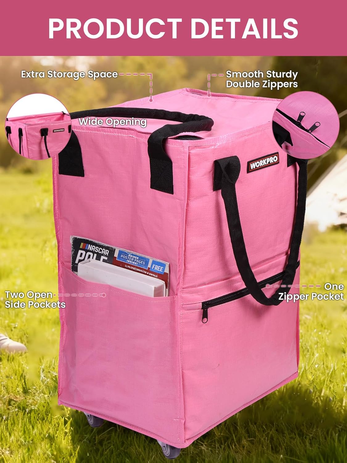 WORKPRO Medium Reusable Grocery Bag on Wheels, Heavy Duty Rolling Shopping Tote with Handle, Folding Trolley on 4 Caster Wheels for Groceries, Laundry, Camping, Moving - Image 7