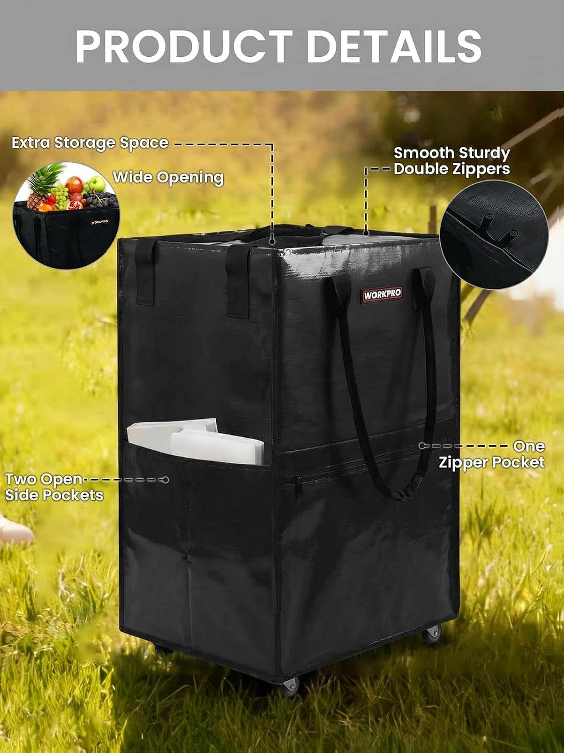 WORKPRO Medium Reusable Grocery Bag on Wheels, Heavy Duty Rolling Shopping Tote with Handle, Folding Trolley on 4 Caster Wheels for Groceries, Laundry, Camping, Moving - Image 6