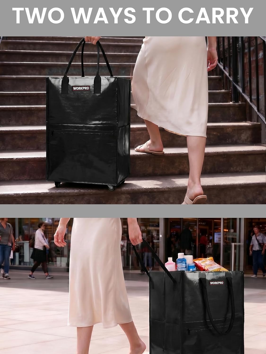 WORKPRO Medium Reusable Grocery Bag on Wheels, Heavy Duty Rolling Shopping Tote with Handle, Folding Trolley on 4 Caster Wheels for Groceries, Laundry, Camping, Moving - Image 7