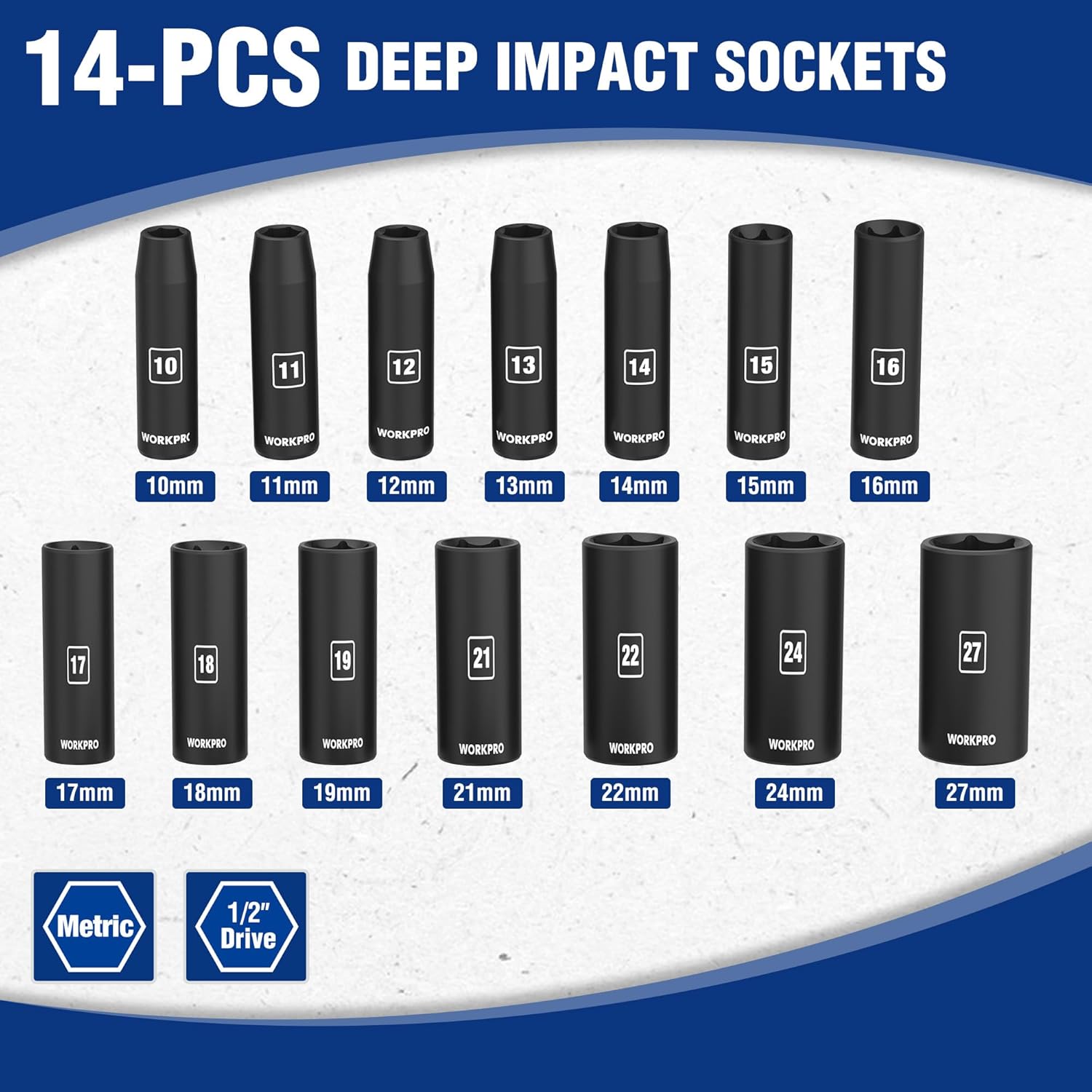 WORKPRO 14-Piece 1/2" Drive Deep Impact Socket Set, 6-Point Impact Deep Socket Set with Heavy Duty Storage Case for Automotive and Mechanical Repairs, 10mm-27mm, Cr-V Steel, Metric - Image 2