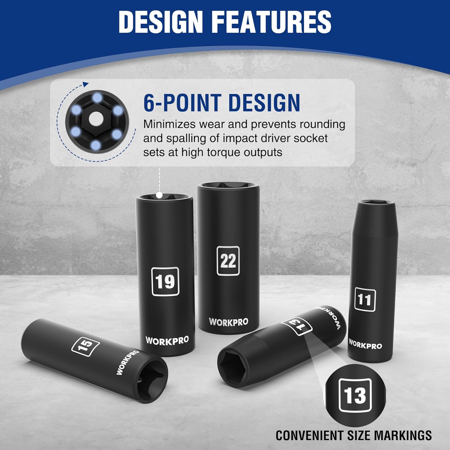 WORKPRO 14-Piece 1/2" Drive Deep Impact Socket Set, 6-Point Impact Deep Socket Set with Heavy Duty Storage Case for Automotive and Mechanical Repairs, 10mm-27mm, Cr-V Steel, Metric - Image 3
