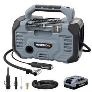 WORKPROX Tire Inflator Portable Air Compressor 150PSI &ndash; 12V DC & 20V Battery Car Air Pump, 2 Modes, Auto Shut-Off, Digital Gauge & LED Light, for Car, Bike, Ball & Air Mattress