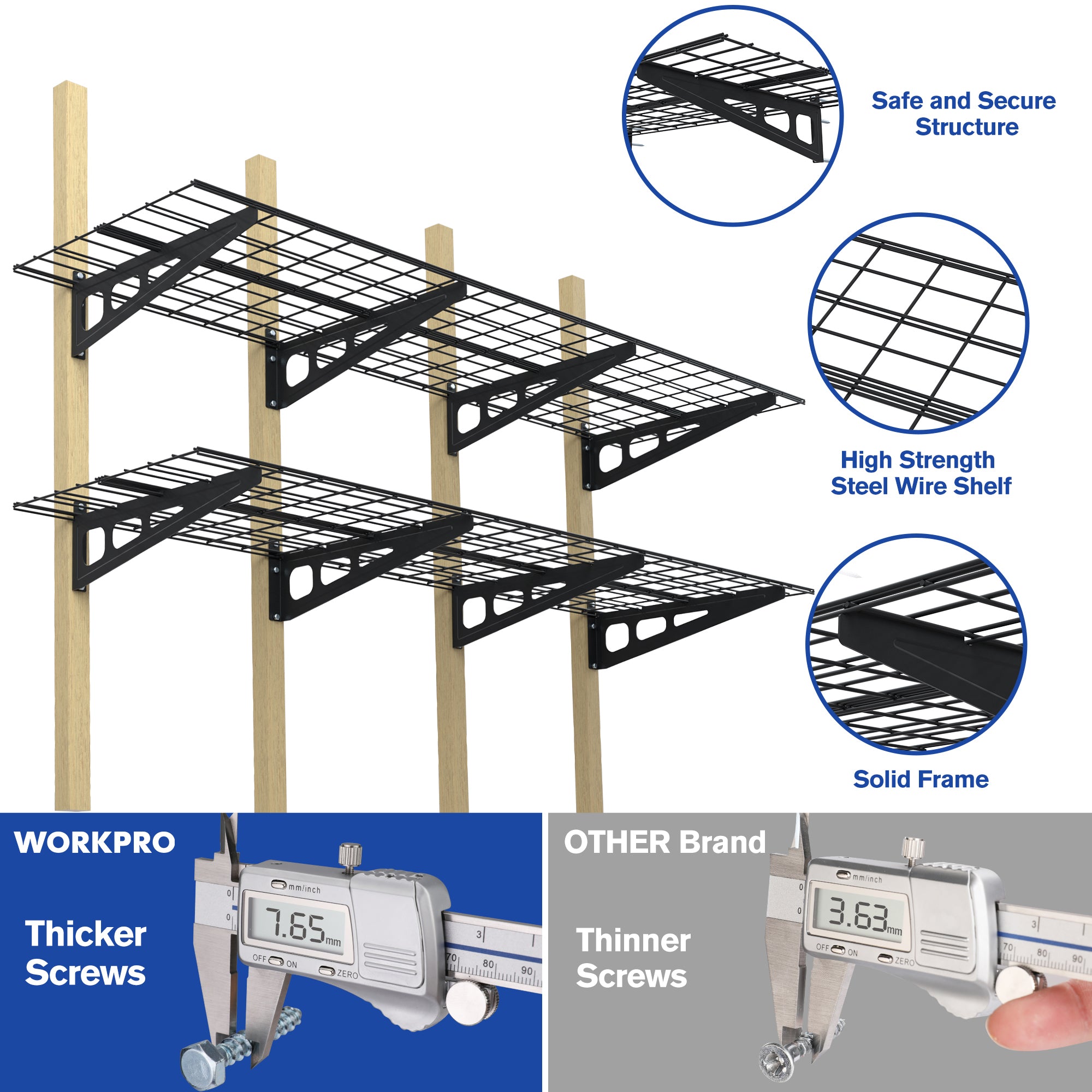 WORKPRO Garage 2-Tiers Metal 12.99"W x 4.53"H Storage Shelves Holds up to 800 lb Maximum Load Weight Capacity, Black - Image 3