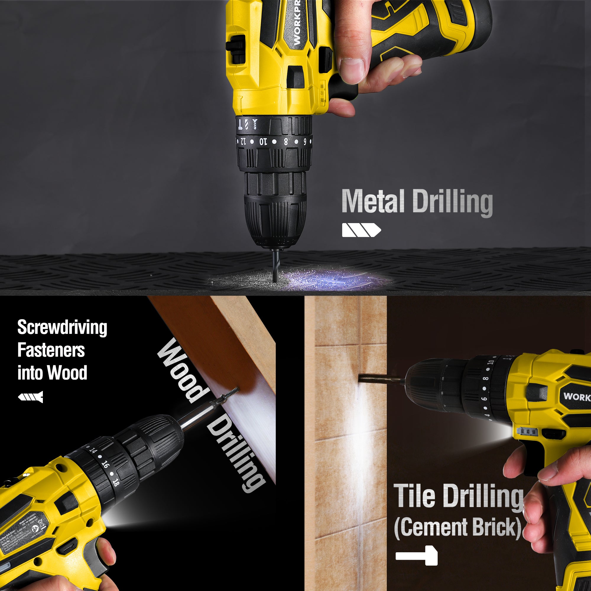 WORKPRO 12V Cordless Drill, Power Tool Set for Home, 177 Pieces Combo Kit with 14-inch Storage Bag and 2000mAh Lithium-Ion Battery & Charger (Yellow) - Image 4