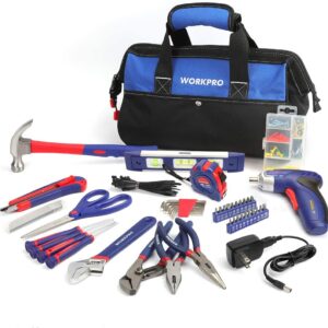 WORKPRO 125-Piece Household Tool Kit – 3.6V Rechargeable Screwdriver & Home Repair Basic Tool Set with 13-inch Easy Carrying Tools Bag, 125 Pcs