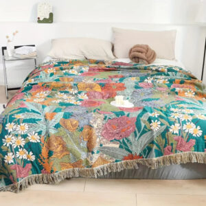 Throw Blanket 100% Cotton Bohemian Floral Fringe
