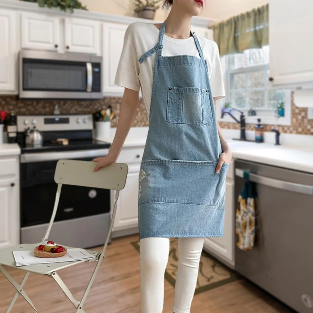 Kitchen Apron Cotton Denim Front Pocket Machine Washable - Image 4