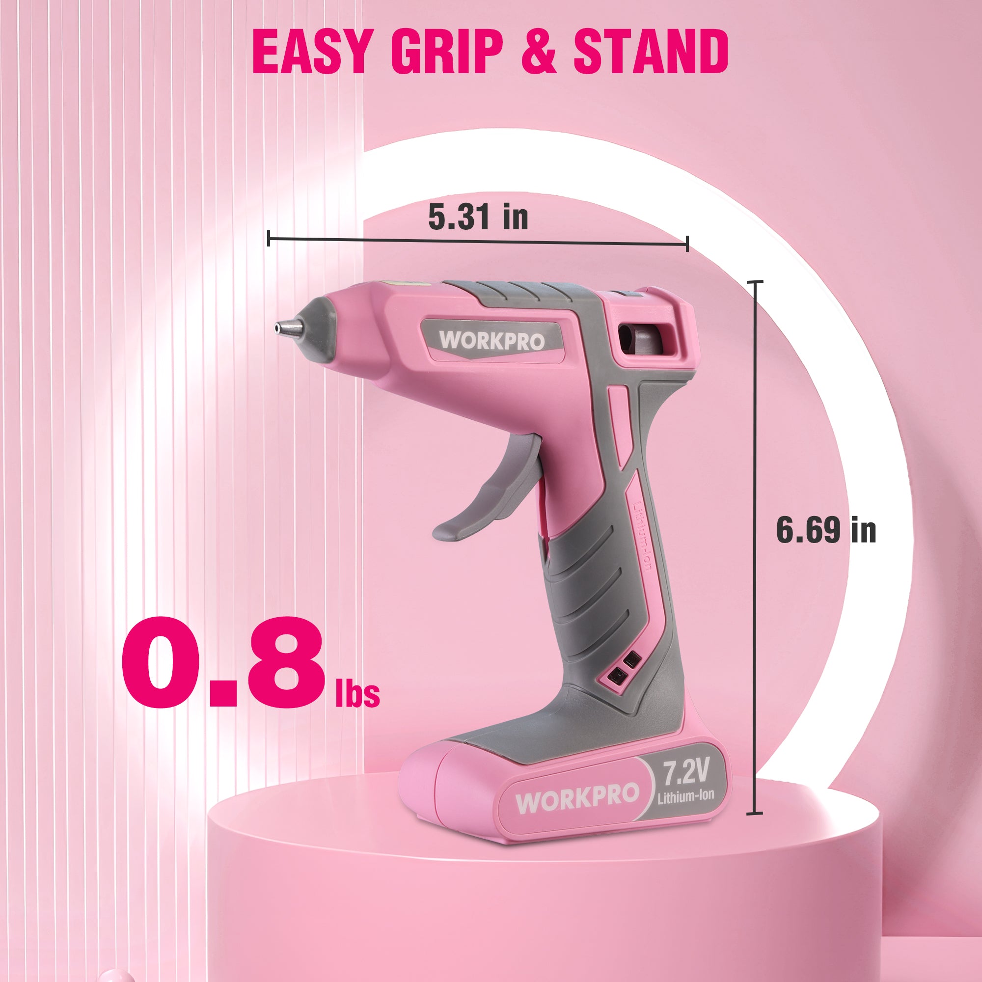 WORKPRO Cordless Hot Glue Gun Kit, 30s Fast Heat, 7.2V Dual Temp, 2600mAh Battery, 50 Glue Sticks, USB-C Charging & Storage Bag - Pink Ribbon - Image 2