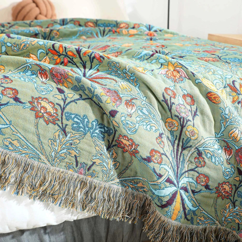 Blanket Reversible Cotton Jacquard Floral Tassels - Image 5