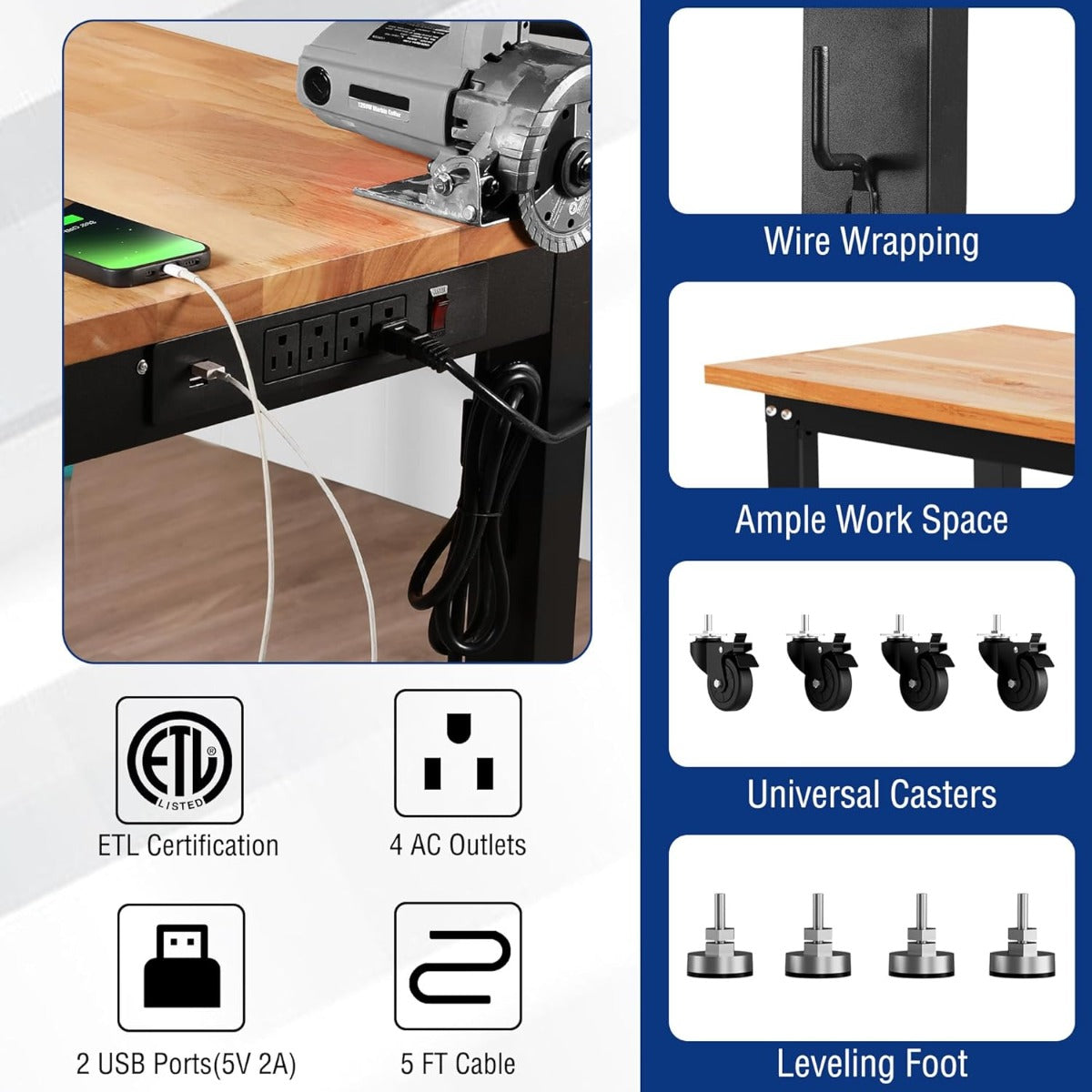 WORKPRO 48"×22" Adjustable Rubber Wood Top Workbench with Casters, Leveling Foot and Power Outlets, 1500 LBS Load Capacity - Image 2