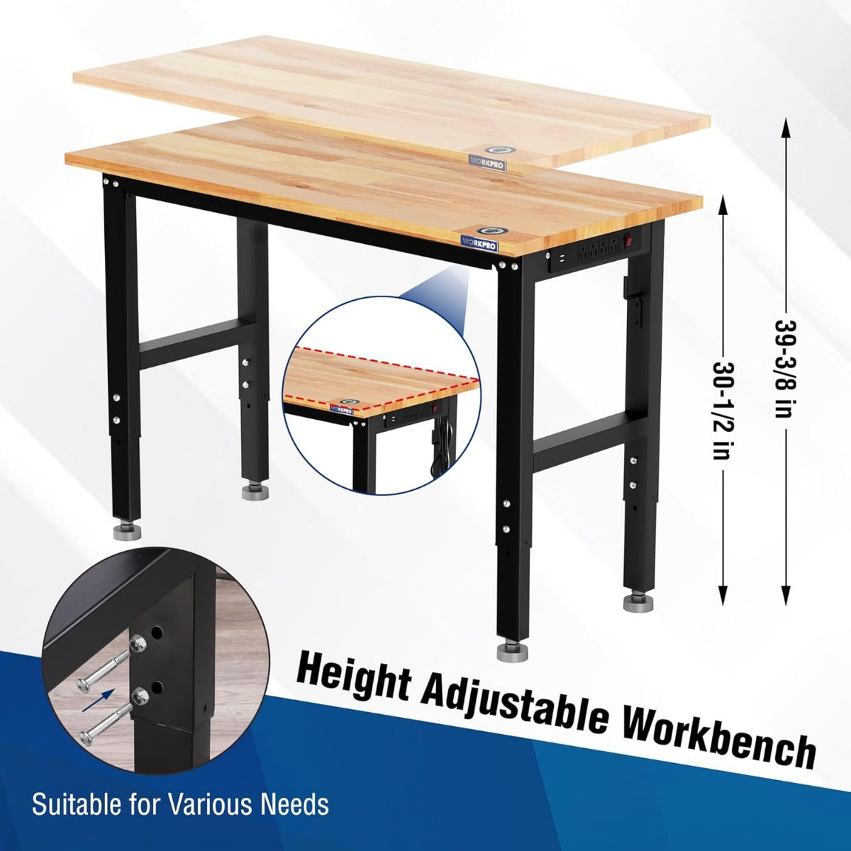 WORKPRO 48"×22" Adjustable Rubber Wood Top Workbench with Casters, Leveling Foot and Power Outlets, 1500 LBS Load Capacity - Image 3