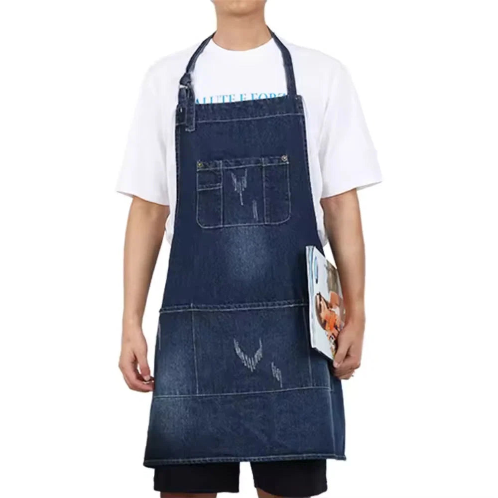 Kitchen Apron Cotton Denim Front Pocket Machine Washable - Image 5