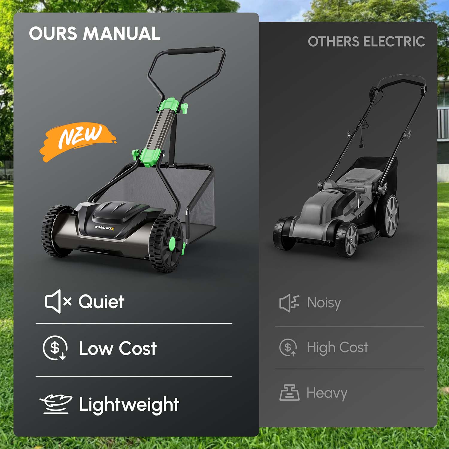 WORKPROX 16" Push Reel Lawn Mower with Grass Catcher, 5-Blade Manual Mower, Adjustable Height - Image 9