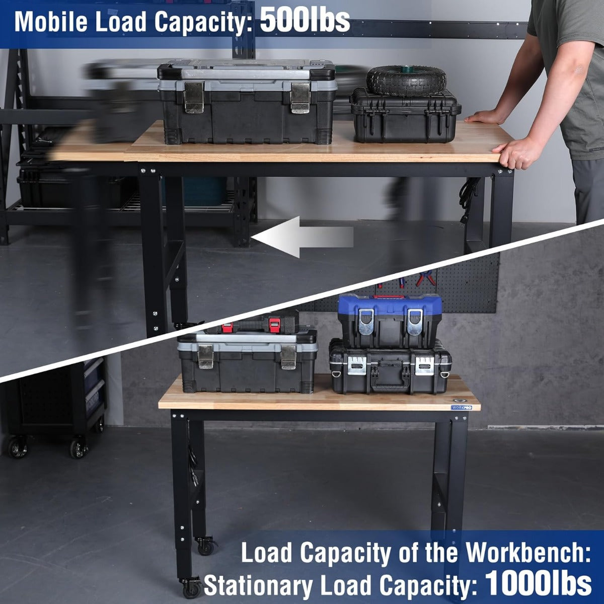 WORKPRO 48"×22" Adjustable Rubber Wood Top Workbench with Casters, Leveling Foot and Power Outlets, 1500 LBS Load Capacity - Image 4