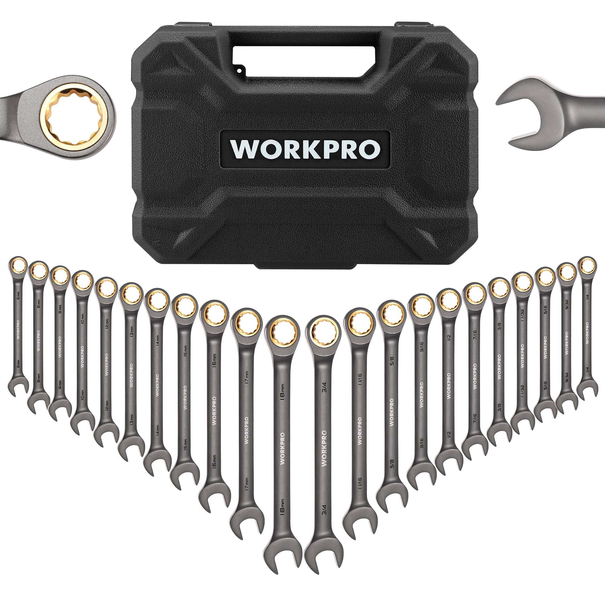 WORKPRO 22-Piece Regular Ratcheting Wrench Set with Organizer Box, 72 Teeth, Metric 6-18mm & SAE 1/4-3/4"
