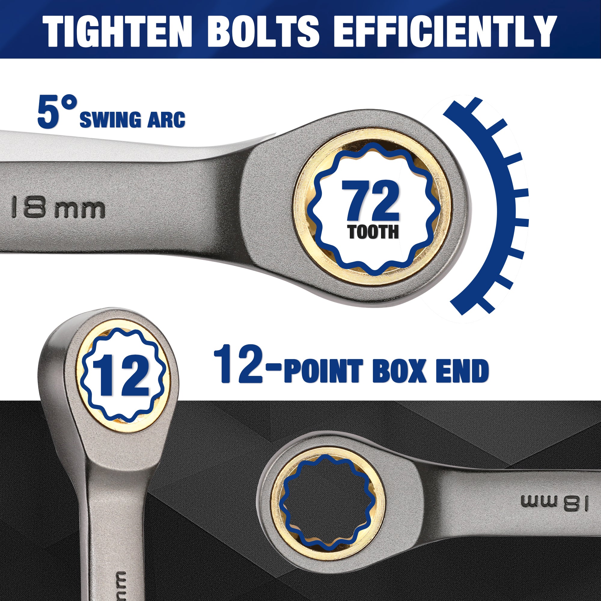 WORKPRO 22-Piece Regular Ratcheting Wrench Set with Organizer Box, 72 Teeth, Metric 6-18mm & SAE 1/4-3/4" - Image 3